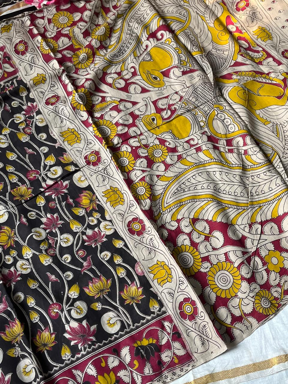 Black Kalamkari cotton saree with pen-drawn floral motifs – House of Thansha