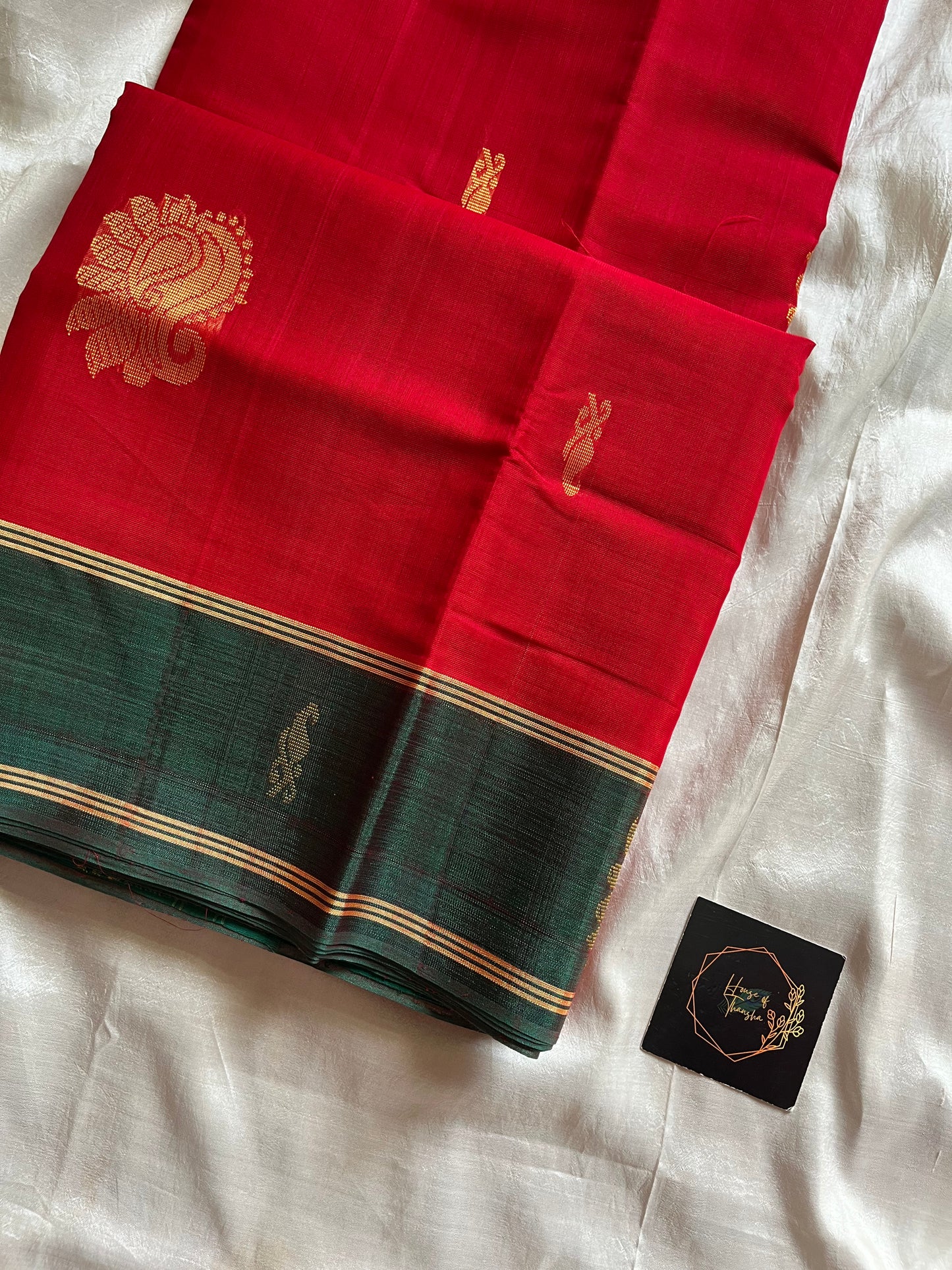 Red handloom art silk saree with green plain border and sari motifs – vegan silk by House of Thansha