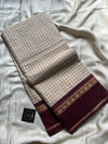 Maragatham – Pastel White with Maroon Korvai Kattam Chettinadu Cotton Saree