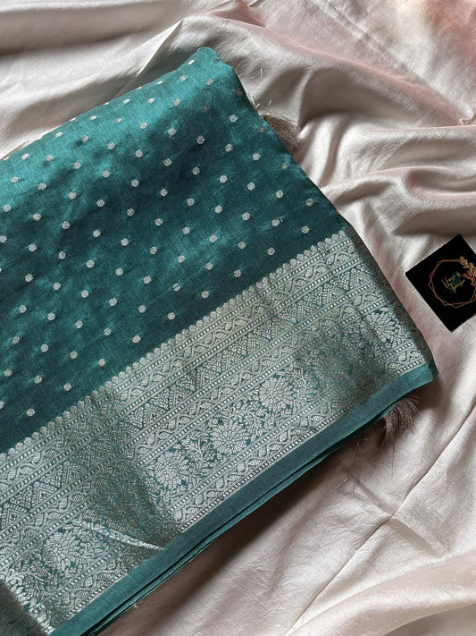 Blue Dola Silk Saree with silver butta, dense pallu, and purple contrast blouse