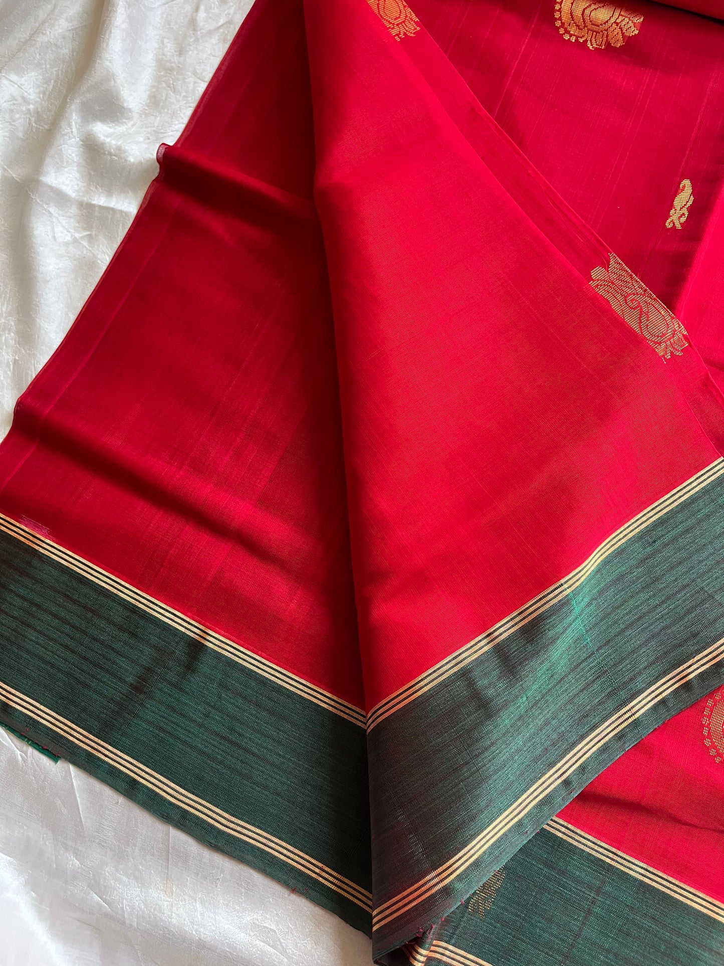 Red handloom art silk saree with green plain border and sari motifs – vegan silk by House of Thansha