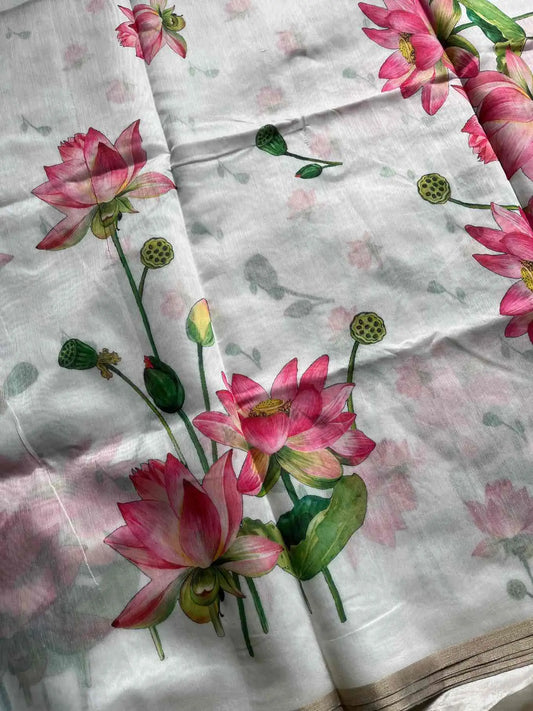 Soft Petal Drapes | Semi Chanderi Saree with Lotus Floral Prints | House of Thansha