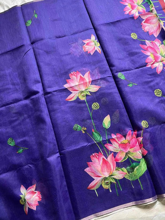 Soft Petal Drapes | Semi Chanderi Saree with Lotus Floral Prints | House of Thansha