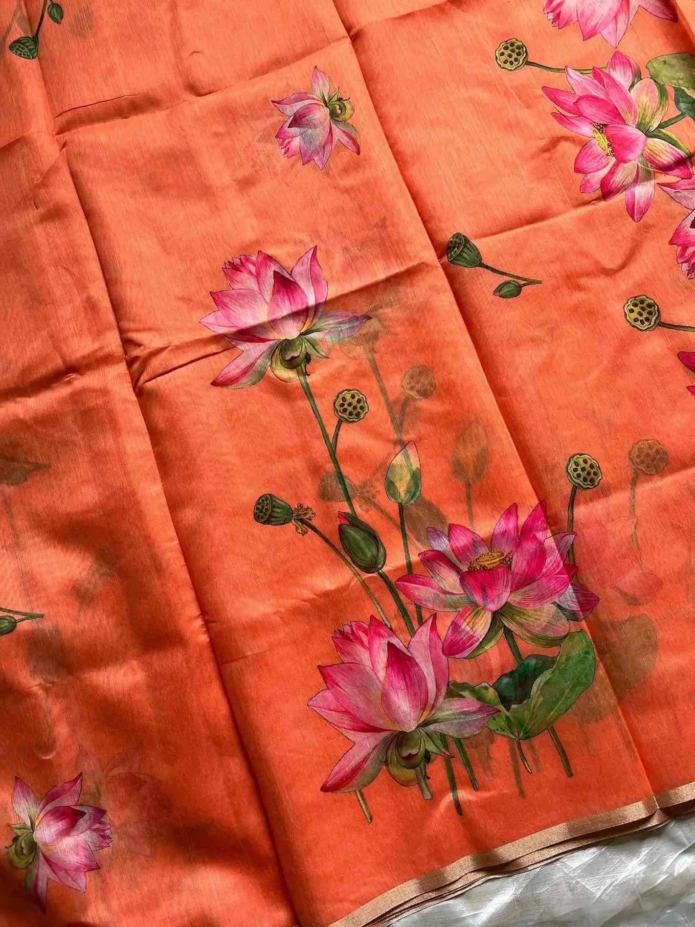Soft Petal Drapes | Semi Chanderi Saree with Lotus Floral Prints | House of Thansha