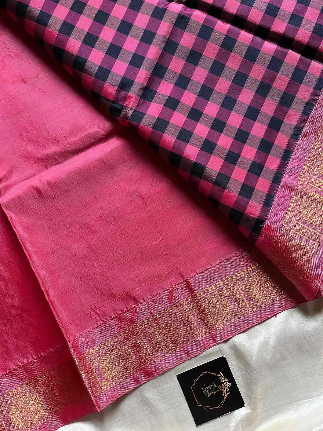 Chinnalampattu | Vegan Silk Saree – Pink & Black Korvai Checks