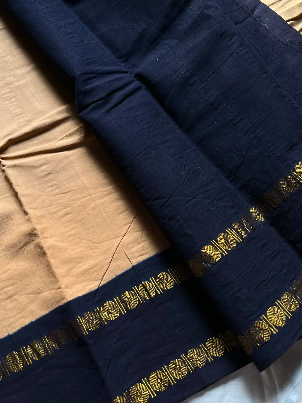 Sungudi Cotton Saree - Tan Beige & Black