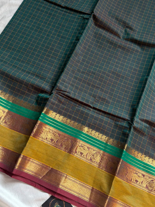 Kattam Edit – Bottle Green Checked Chettinadu Cotton Saree
