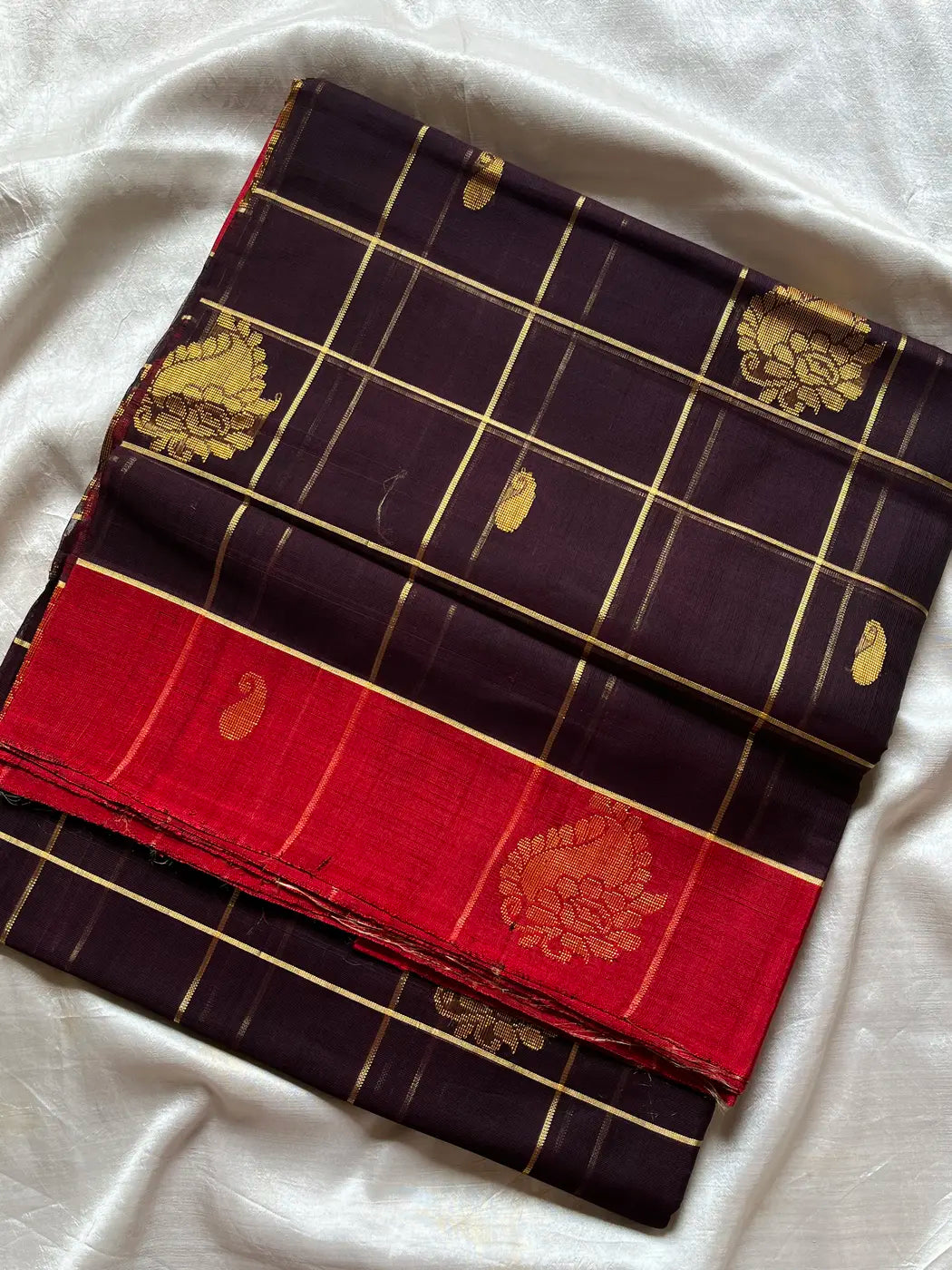 Vegan Weaves – Coffee Brown Checked Handloom Art Silk Saree