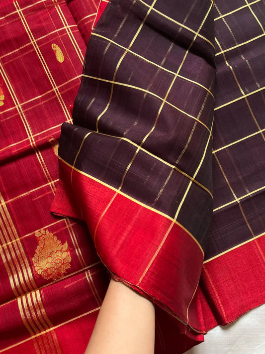 Vegan Weaves – Coffee Brown Checked Handloom Art Silk Saree