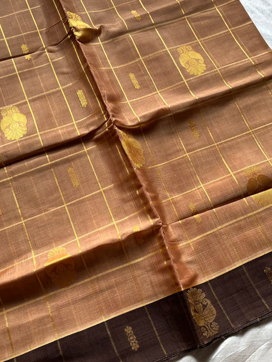 Vegan Weaves – Beige Caramel Checked Handloom Art Silk Saree