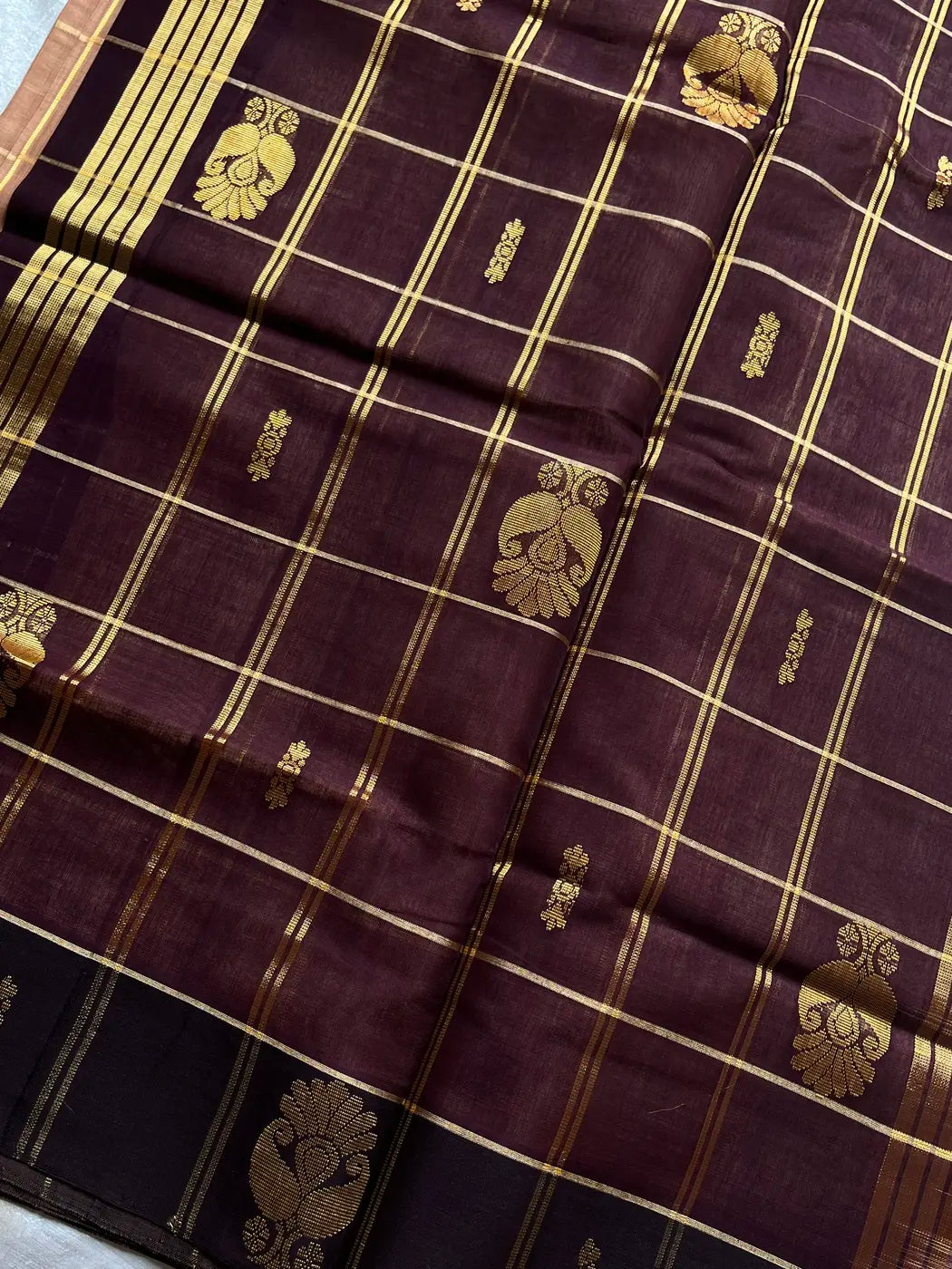 Vegan Weaves – Beige Caramel Checked Handloom Art Silk Saree