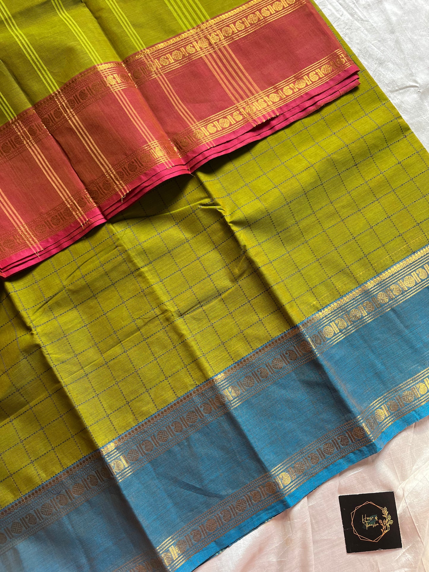 Green Kanchi cotton saree with kattam checks and dual borders – House of Thansha