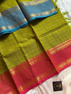 Green Kanchi cotton saree with kattam checks and dual borders – House of Thansha