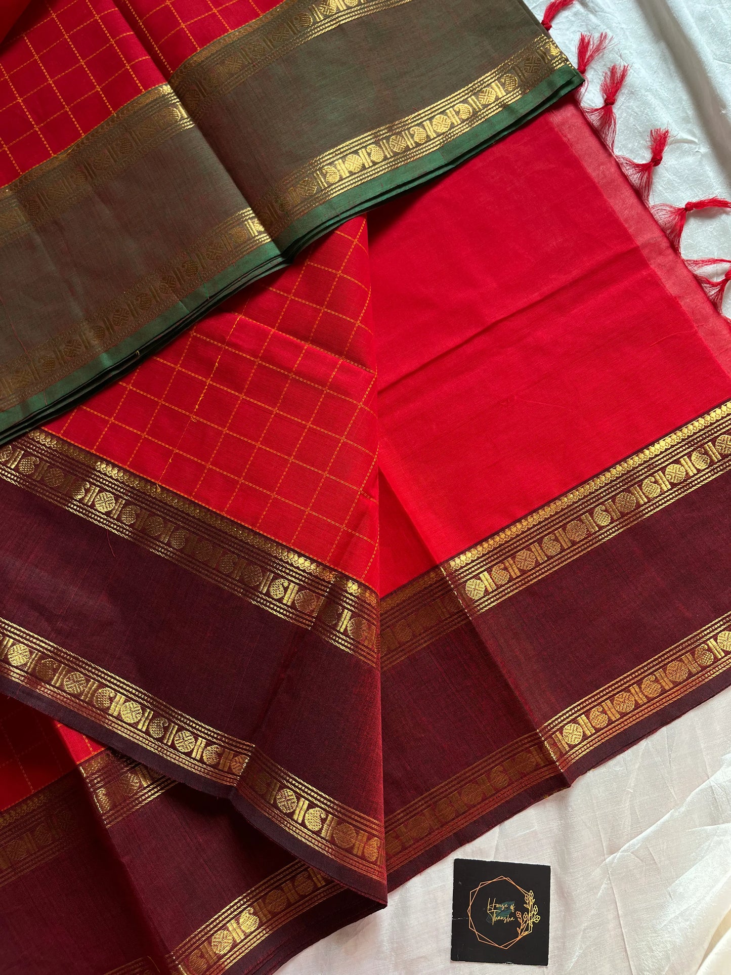 Red Kanchi cotton saree with kattam checks and dual borders – House of Thansha