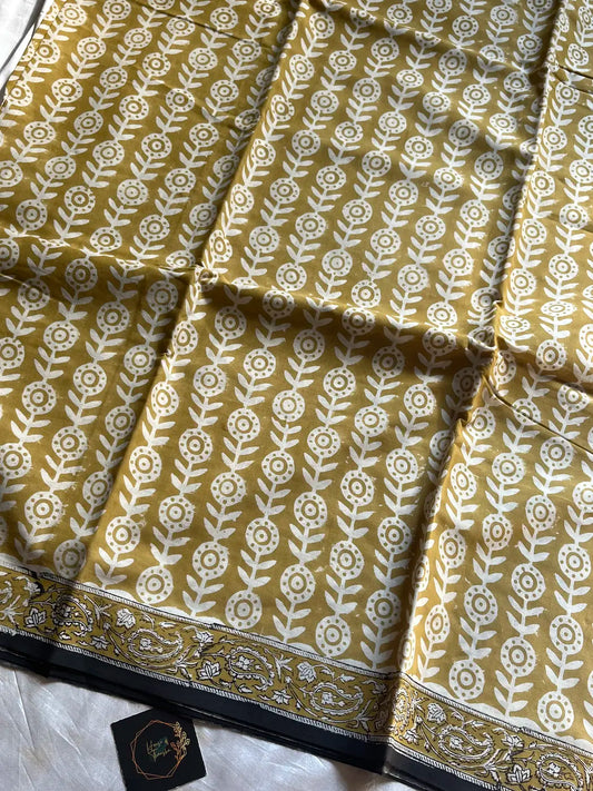 Mulmul Cotton Saree | Hand Block Print – Yellow