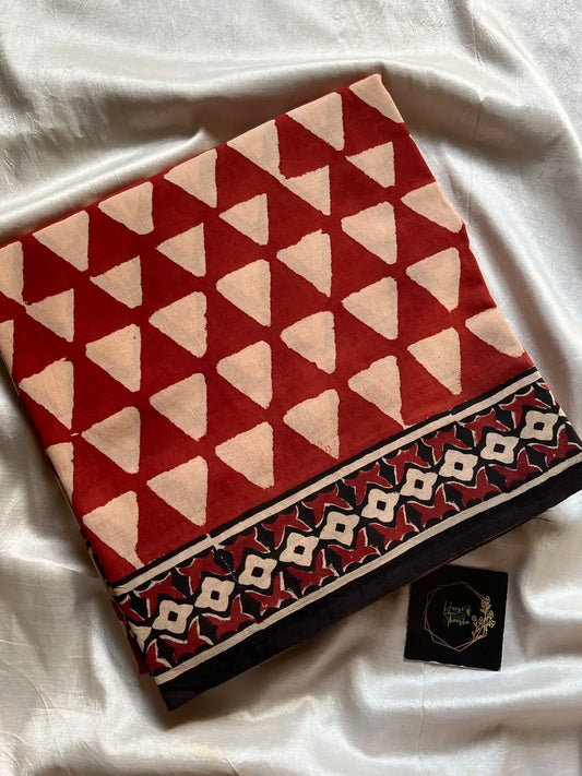 Mulmul Cotton Saree in Maroon | Hand Block Print