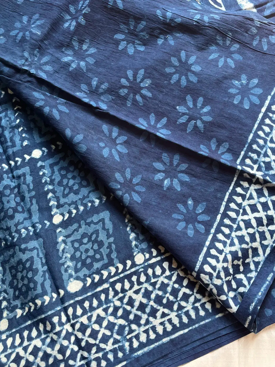 Mulmul Cotton Saree | Hand Block Print – Indigo Blue