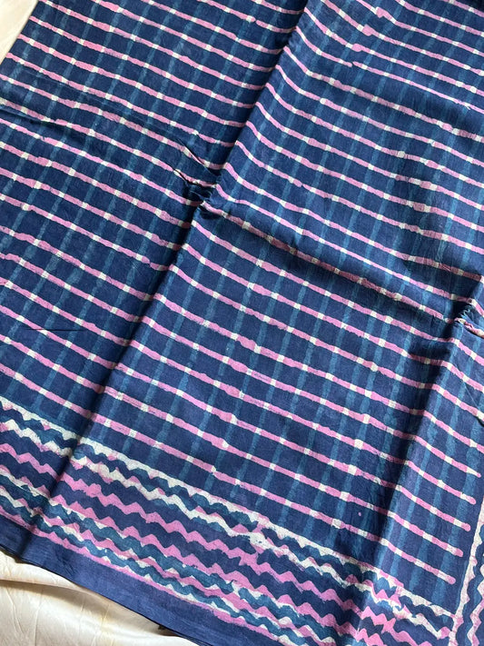 Mulmul Cotton Saree in Blue | Hand Block Print