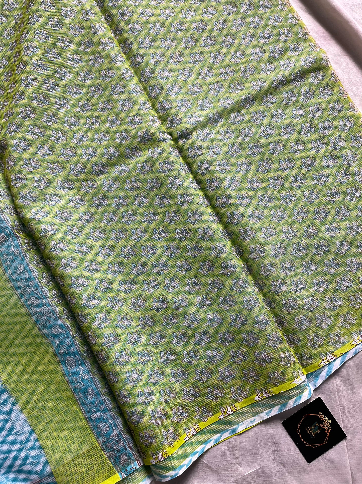 Blue Kota Doria saree with green contrast and mulmul blouse – House of Thansha