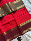 Red Kanchi cotton saree with kattam checks and dual borders – House of Thansha