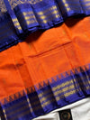 Orange Semi-Silk Cotton Saree with Golden Zari Motifs and Blue Grand Pallu – House of Thansha