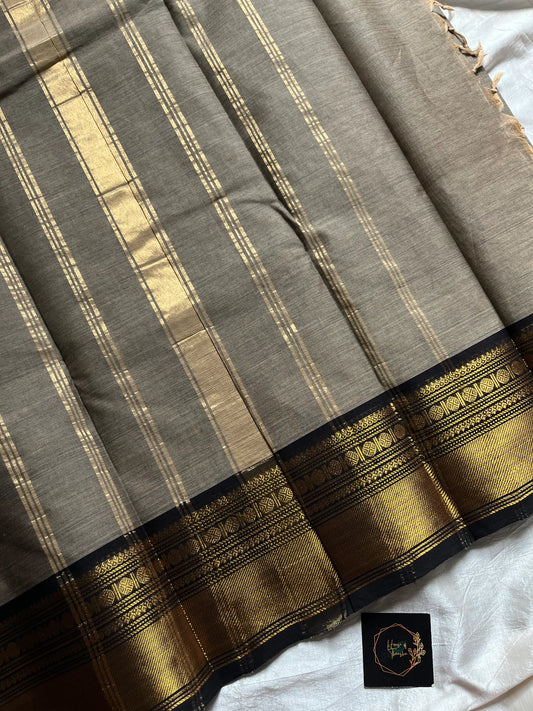 Grey Chettinadu Cotton Saree with Black Zari Border – House of Thansha