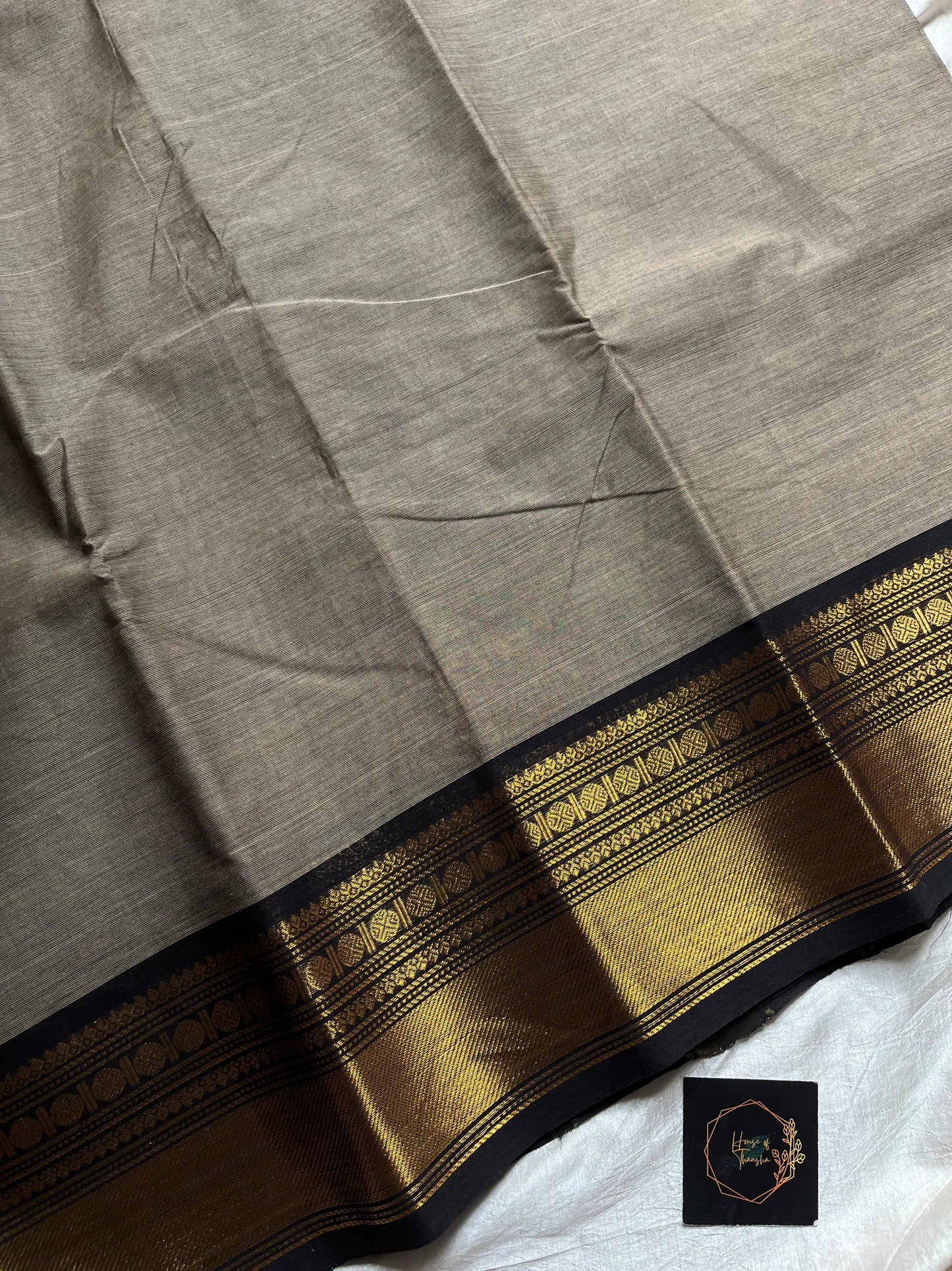 Grey Chettinadu Cotton Saree with Black Zari Border – House of Thansha