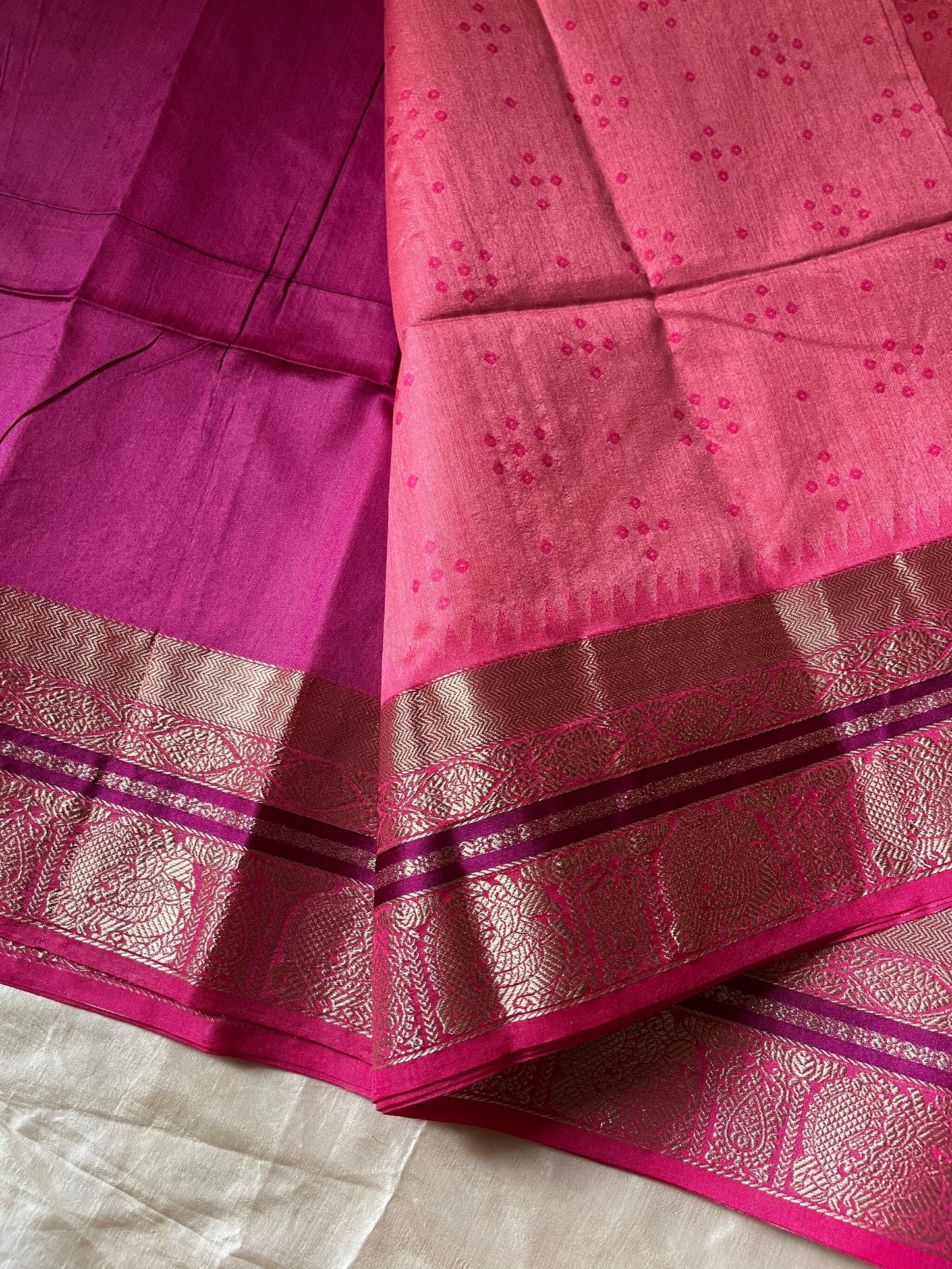 Pink silk cotton saree with Bandhani design – festive drape from House of Thansha