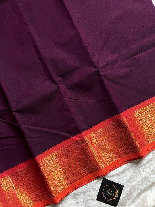 Dark Purple Chettinadu Cotton Saree with Orange Zari Border – House of Thansha