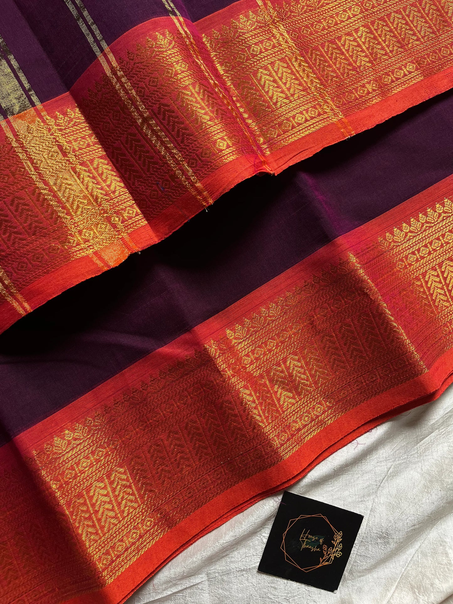 Dark Purple Chettinadu Cotton Saree with Orange Zari Border – House of Thansha