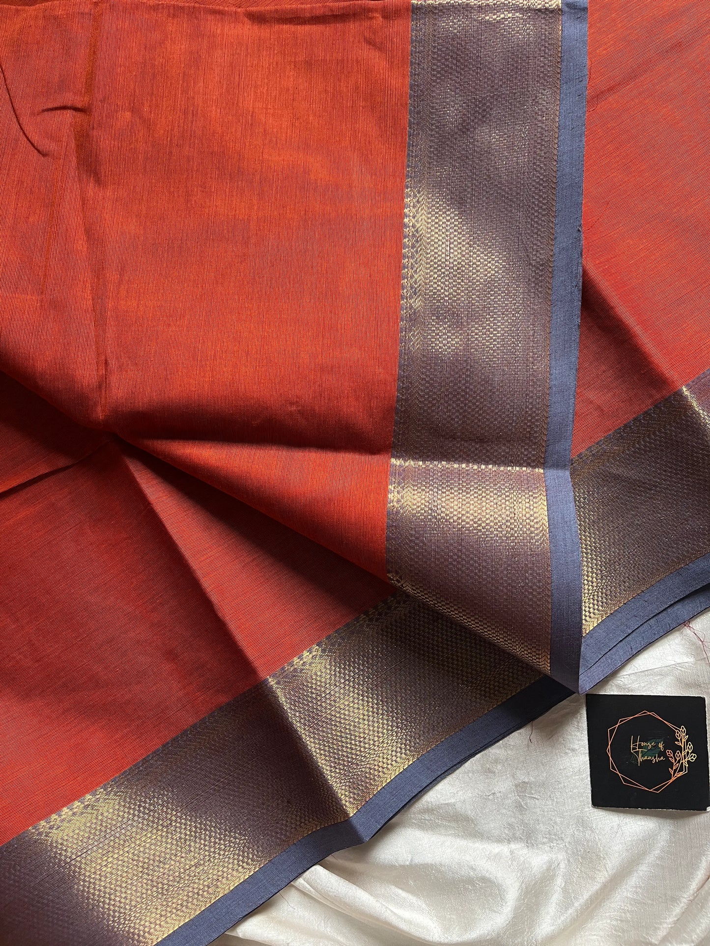 Rust Orange Chettinadu Cotton Saree with Blue Zari Border – House of Thansha
