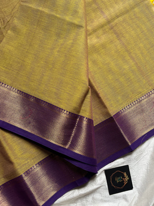 Pastel Green Chettinadu Cotton Saree with Violet Zari Border – House of Thansha