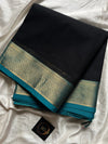 Black Chettinadu Cotton Saree with Blue Zari Border – House of Thansha