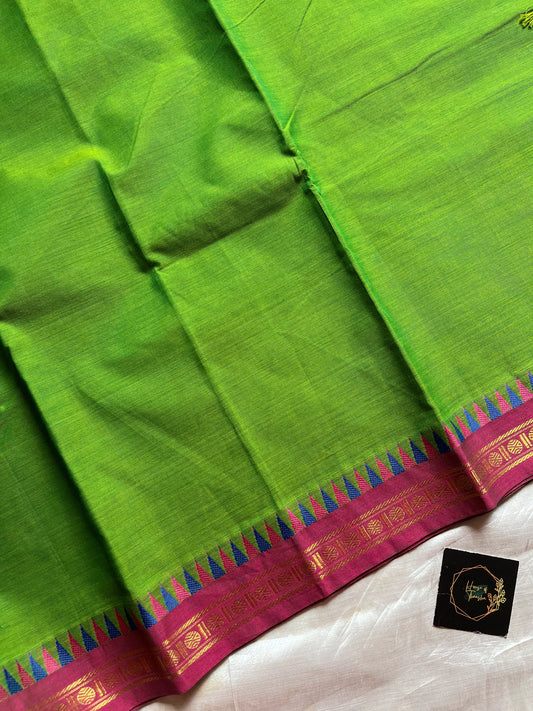 Subtle Weaves Green Kanchi Cotton Saree with small border and delicate woven detailing – House of Thansha
