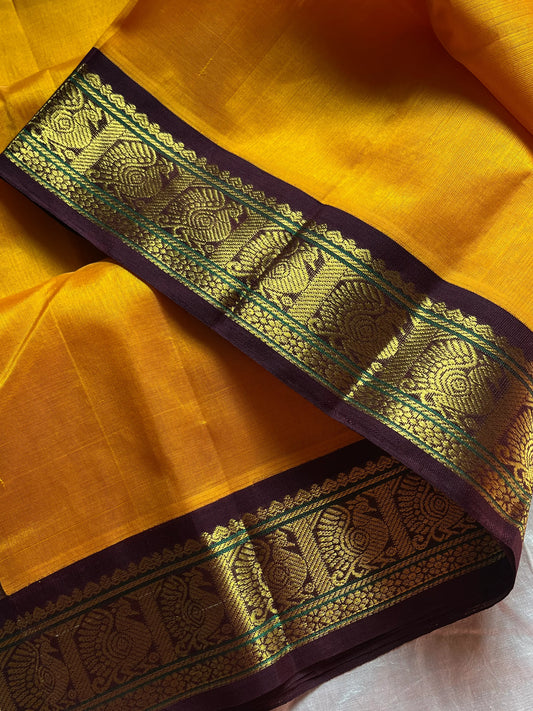 Mango Yellow Korvai Kanchivaram Silk Cotton Saree with Brown Zari Border – Pattu Nool Edit by House of Thansha