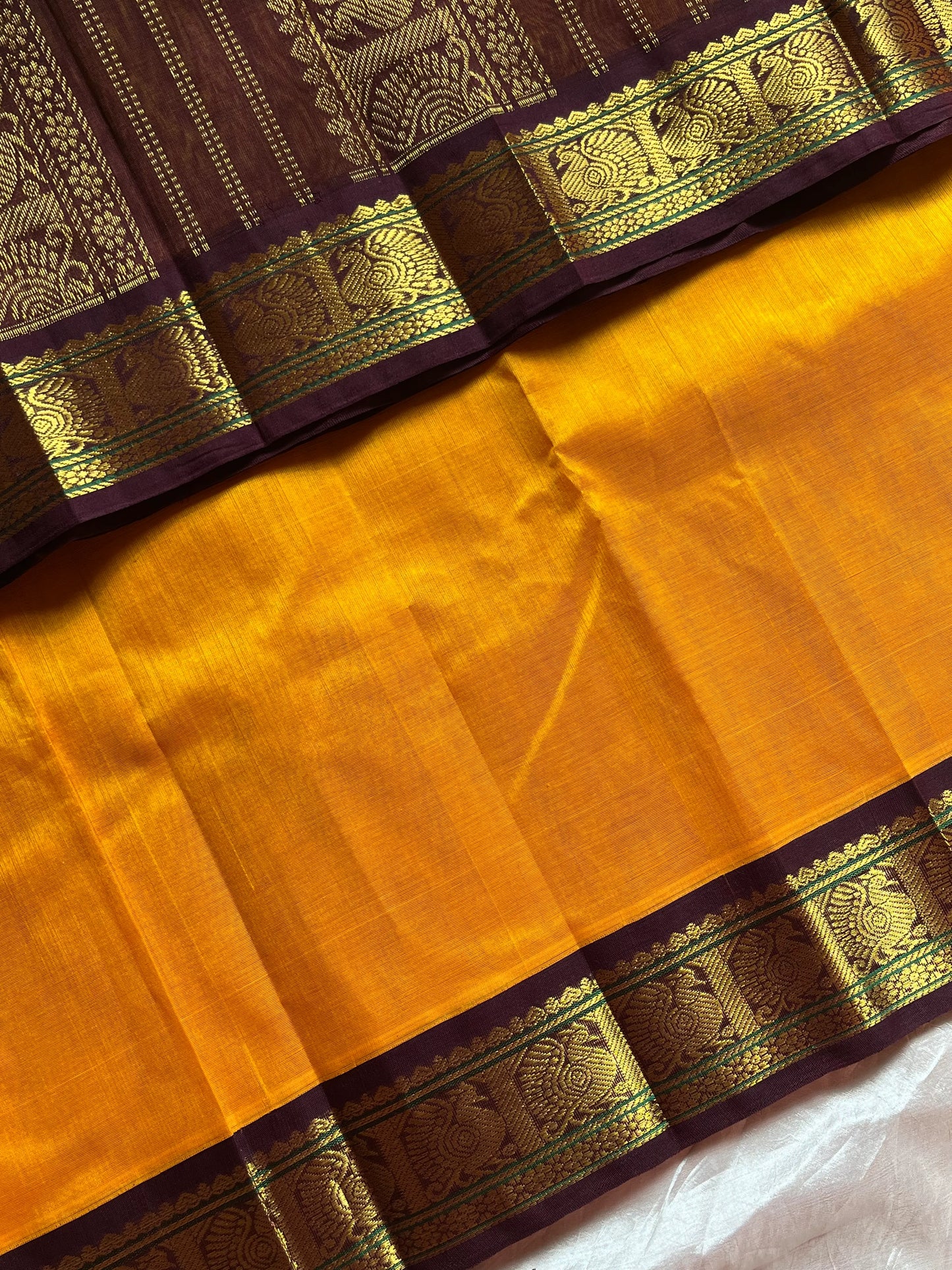 Mango Yellow Korvai Kanchivaram Silk Cotton Saree with Brown Zari Border ā Pattu Nool Edit by House of Thansha