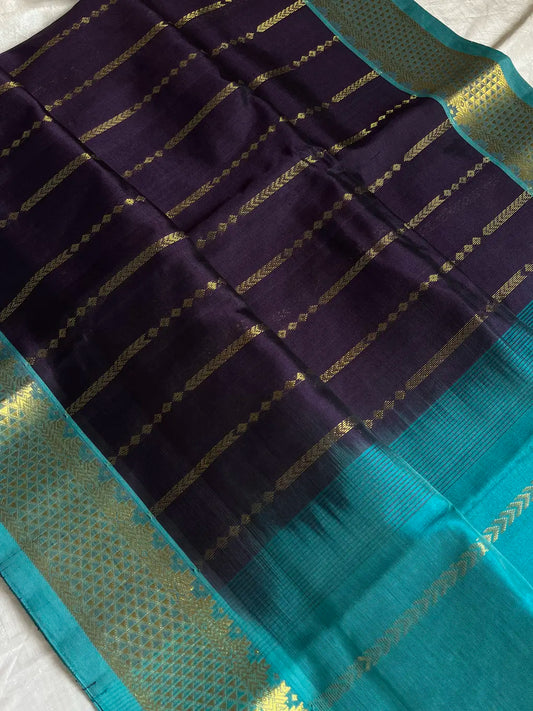 Pattu Nool Edit | Kanchi Silkcotton saree - Dark violet with sky blue