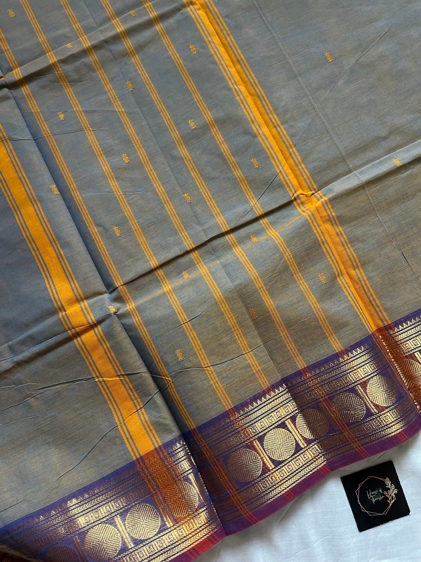 Dual Toned Ash handloom Kanchi cotton saree with contrast border – House of Thansha