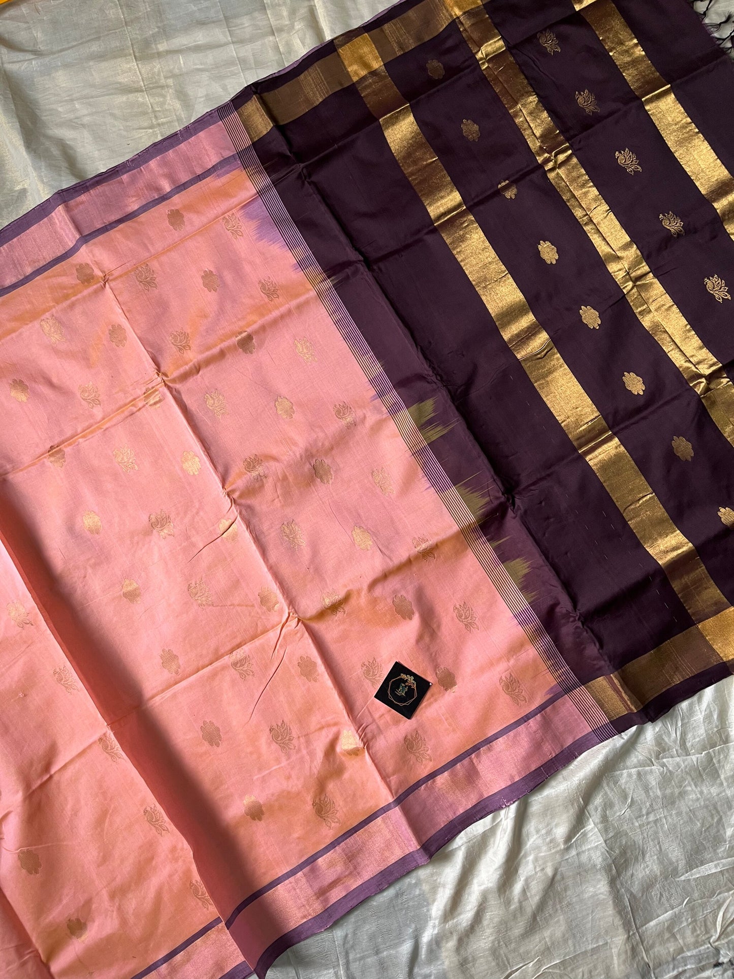 Rose Ivory Kanchi Silk Cotton Saree with coffee brown border and running blouse