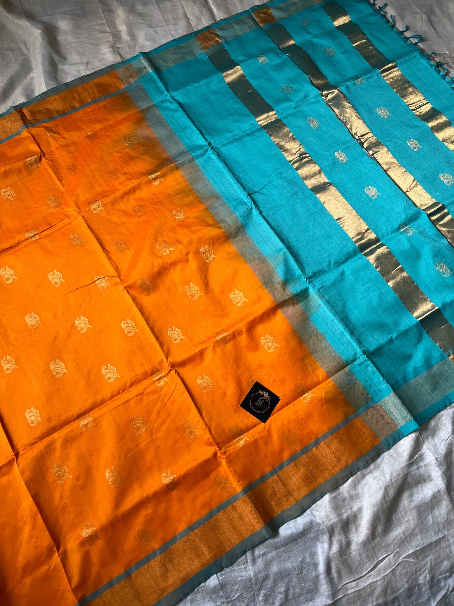 Mango Yellow Kanchi Silk Cotton Saree with blue border and running blouse