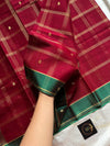 Maroon vegan checked handloom art silk saree with green border and motifs – House of Thansha