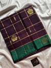 Royal purple vegan checked handloom art silk saree with green border and motifs – House of Thansha