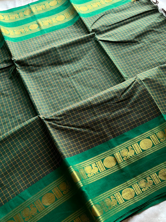 Kattam Edit | Chettinadu Cotton Checked Saree – Dark Green