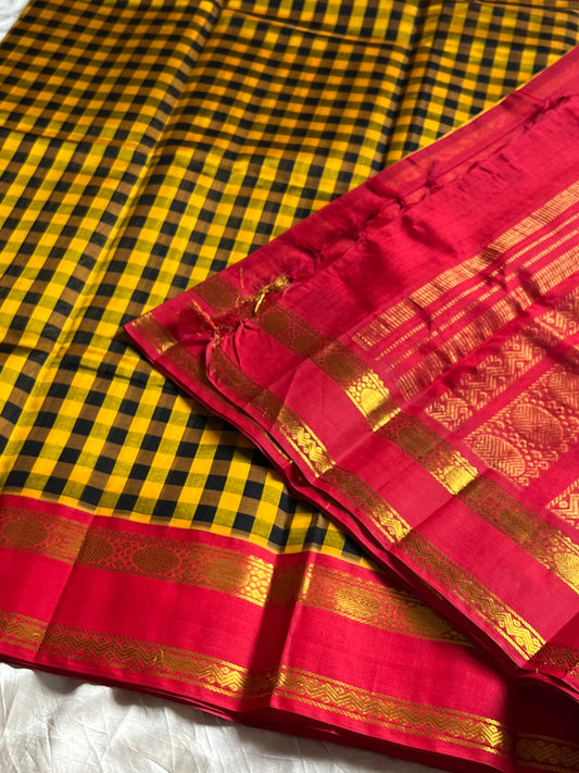Yellow & black checked Kanchi silk cotton Paalum Pazhamum Kattam saree with red zari border and grand pallu – House of Thansha