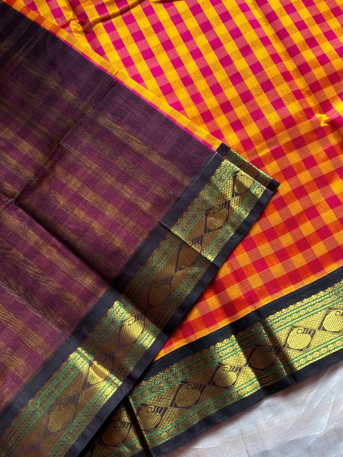 Paalum Pazhamum Kattam - Yellow Pink Checks with Coffee Brown Kanchi Silkcotton
