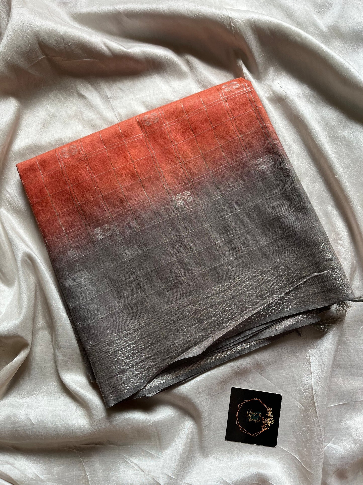 Peach Slub Linen Saree with ash contrast border and blouse, breathable fabric