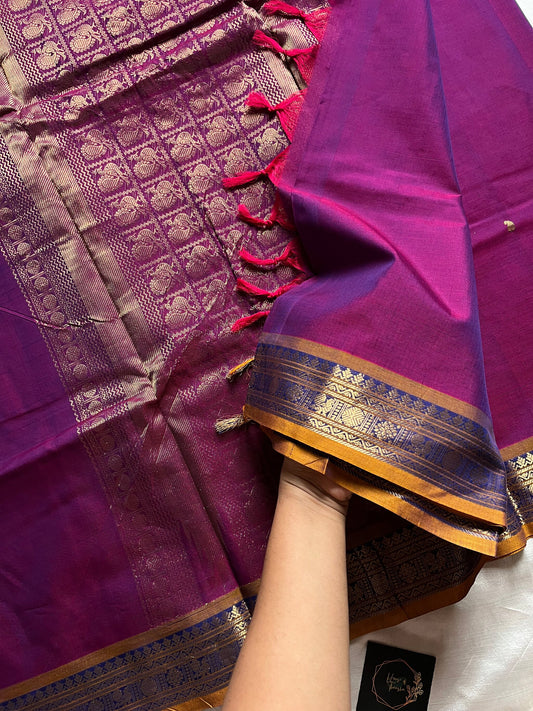 120 Count Mercerised Kanchi Cotton Saree with Zari Border and Grand Pallu – House of Thansha