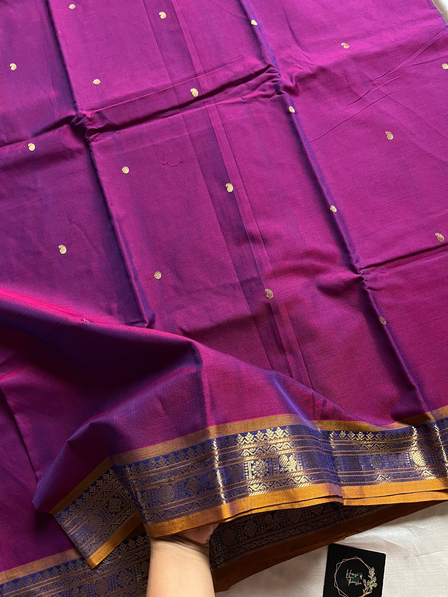 120 Count Mercerised Kanchi Cotton Saree with Zari Border and Grand Pallu ā House of Thansha