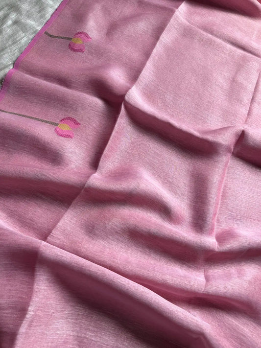 Handloom Silk Linen Jamdaani Saree - Pastel pink