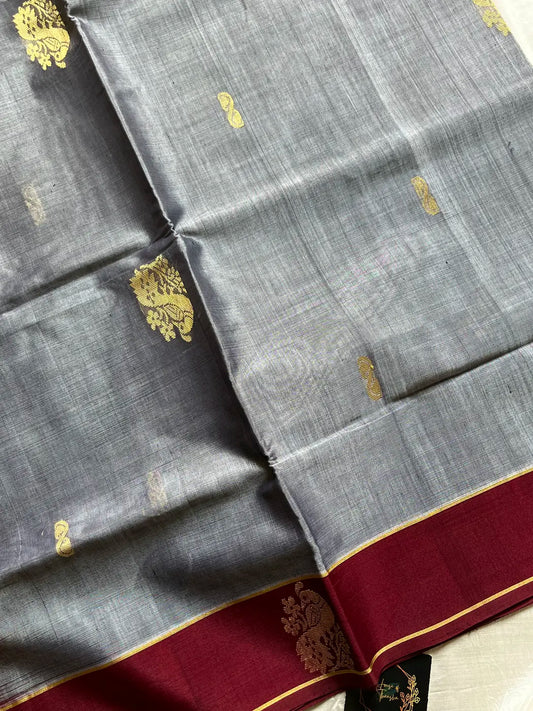 Vegan Silk Saree – Grey & Maroon Handloom Art Silk